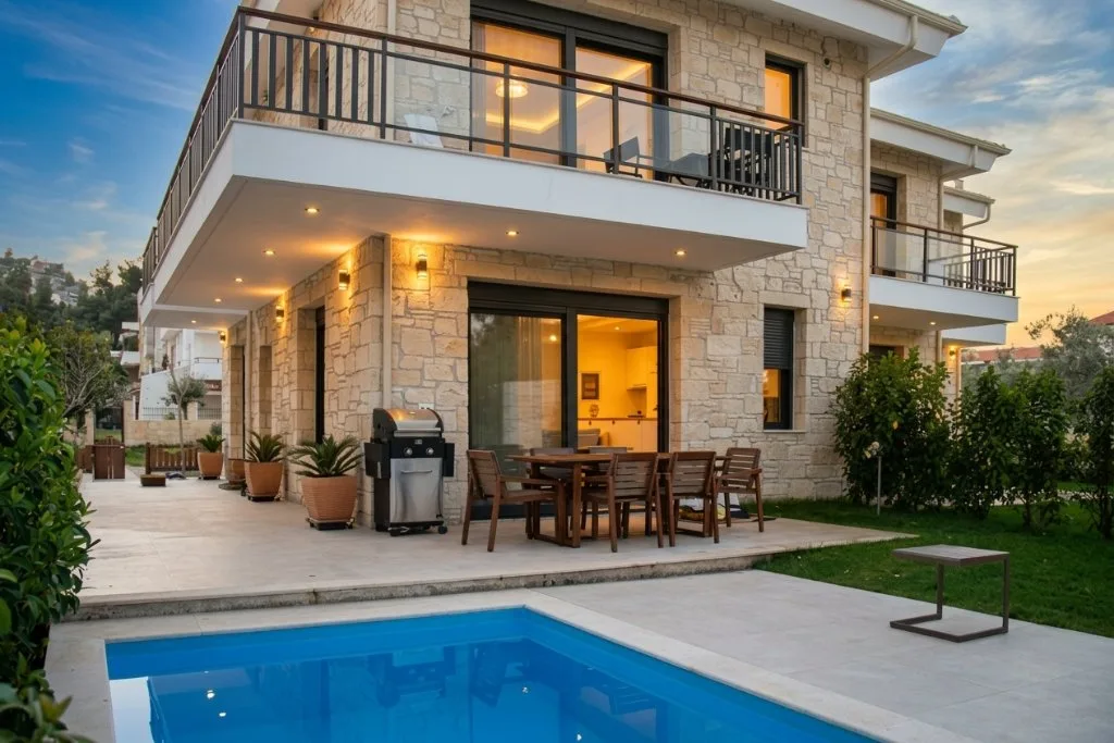 villa pool terrace at sunset after AI photo enhancement — LuxLens AI