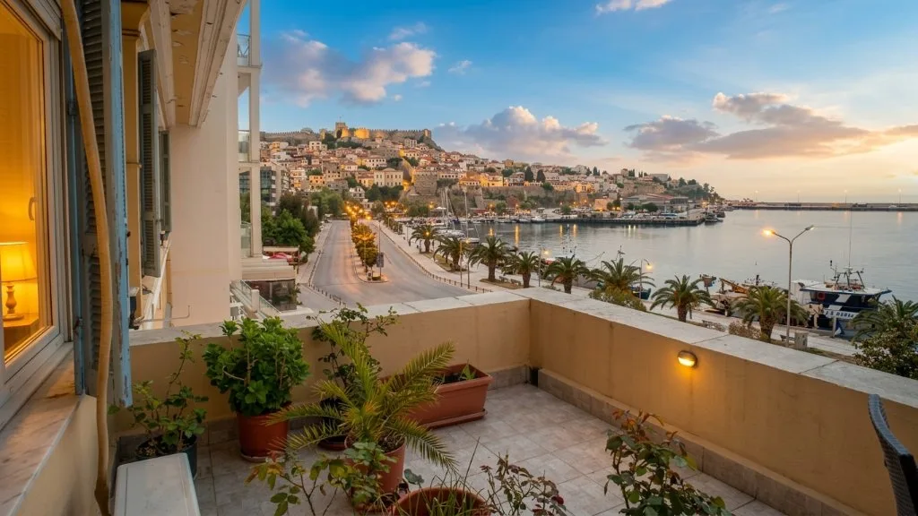 terrace with harbour view at sunset after AI photo enhancement — LuxLens AI