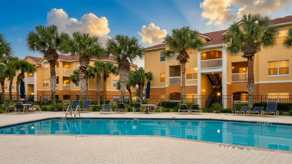 Condo resort pool at dusk after retouching