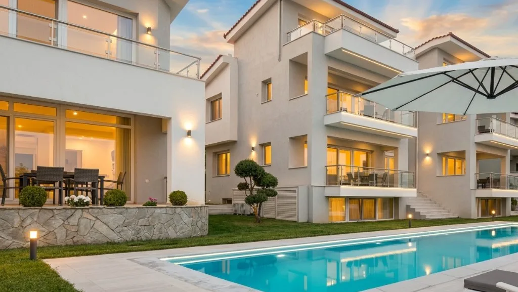 Suites with pool at dusk after retouching