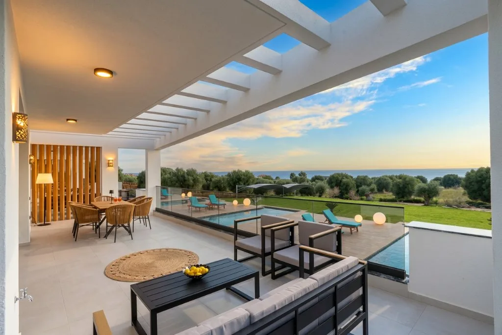 Covered pool terrace with sea view after retouching