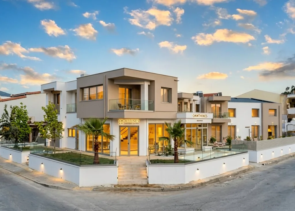 Holiday villa complex at dusk after retouching